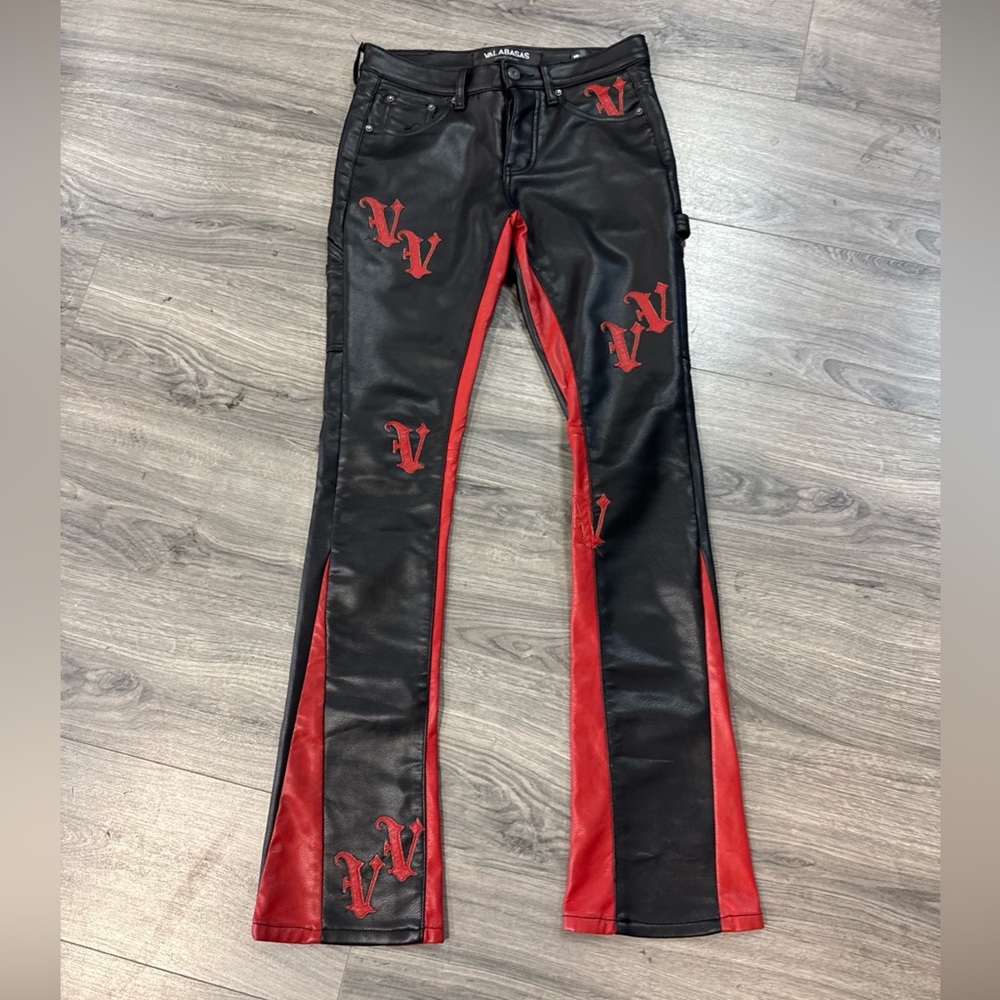 Black and Red Leather Valabasas Pants with Logo